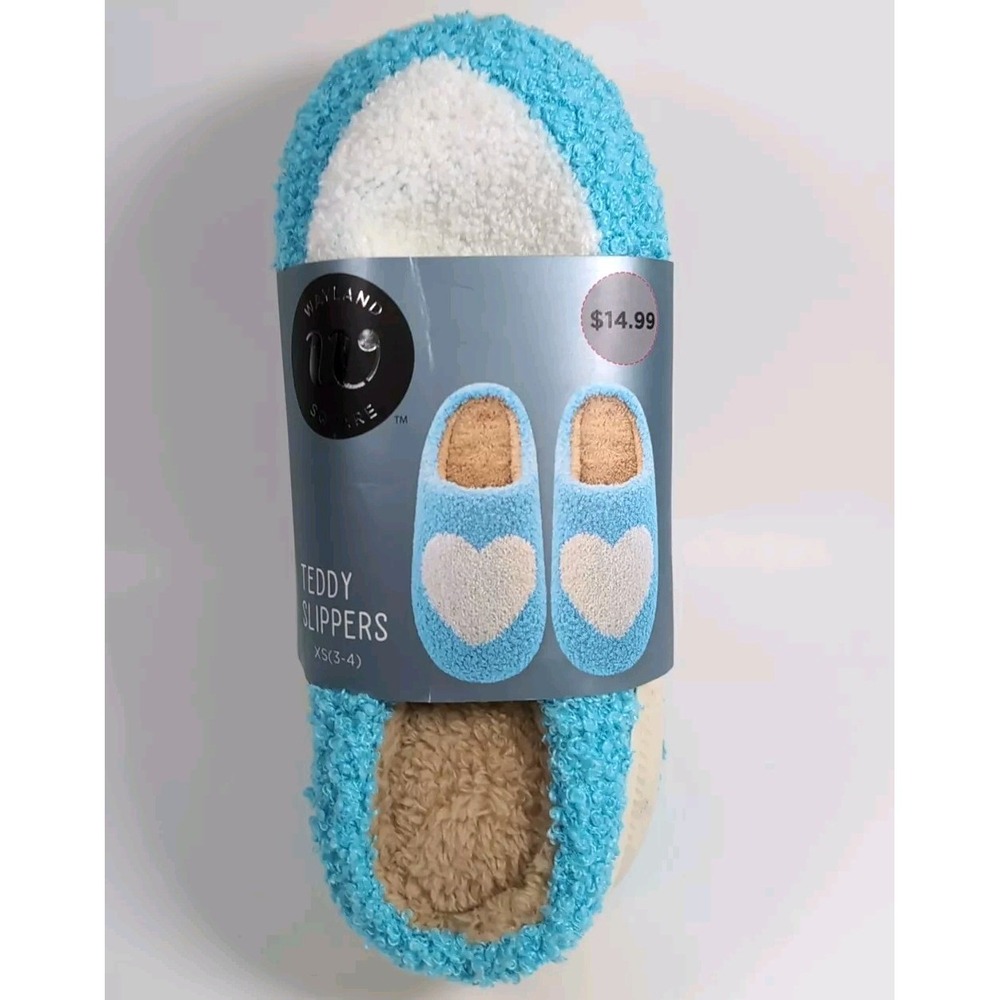 Wayland Square Heart Teddy Slippers Women's Size XS X-Small (3-4) Blue & White